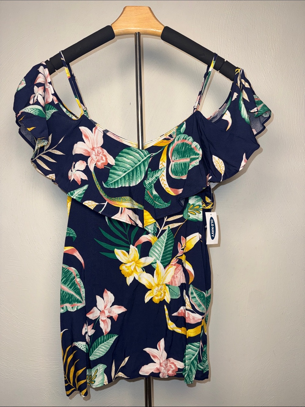 Old Navy Navy Floral One-Shoulder Floral Ruffle Top